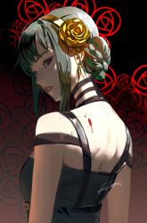 1girls artist_signature assassin back back_view black_dress black_hair blood earrings female female_human flower_in_hair full_lips hair_ornament hairband human mature_female red_eyes spy_x_family thorn_princess watermark yor_briar yor_forger zumi