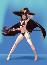 1girls bandage bandages bikini cape female female_only full_body hat hirundo_rustica hong_doo kono_subarashii_sekai_ni_shukufuku_wo! light-skinned_female light_skin megumin open_mouth solo solo_female solo_focus standing swimsuit toes