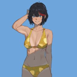 1girls blue_background blue_eyes female female_only hirundo_rustica hong_doo kill_la_kill light-skinned_female light_skin matoi_ryuuko only_female short_hair simple_background solo solo_female solo_focus swimsuit tomboy