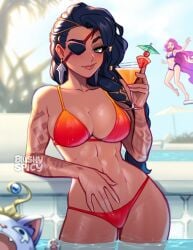 1girls abs bikini black_hair blushypixy blushyspicy braided_hair breasts character_in_background cleavage cocktail dark-skinned_female dark_hair dark_skin drowning drowning_in_background earrings eyepatch female female_focus female_only green_eyes hand_in_panties large_breasts league_of_legends looking_at_viewer pool riot_games samira_(league_of_legends) seraphine_(league_of_legends) six_pack smirk standing_in_water tanned tanned_skin tattoo toned_female yuumi_(lol) yuumi_fuckin_drowning