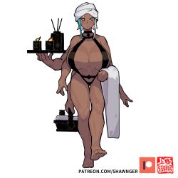 candle dark-skinned_female dark_skin dice_clan huge_breasts multi_arm multi_limb oc red_eyes revealing_clothes shawnger towel towel_on_head unusual_pupils watermark white_hair yellow_eyes