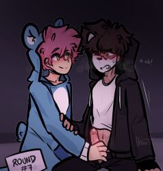 2boys alternate_version_available anotherh0rny_b bear_ears bear_tail belly_button blush brown_hair cartoony cum doppelganger fingerless_gloves gay genital_fluids genitals gloves handjob invictor invictor_hacker los_compas male male/male male_only mask masturbation mcyt pajamas pants pink_hair precum selfcest shirt sweater tail uncut yaoi youtube youtube_hispanic youtuber