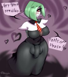 1futa 2022 balls big_balls big_breasts big_penis bottom_heavy breasts bulge clothed clothing dialogue dresa english_text flaccid fully_clothed futa_only futadom futanari gardevoir glasses green_hair hair_over_one_eye huge_hips humanoid humanoid_penis kneeling looking_at_viewer neayix penis pokemon pokemon_(species) sharp_teeth solo talking_to_viewer text thick_thighs tie white_skin wide_hips