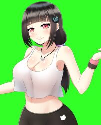 1girls alternate_version_at_source alternate_version_available big_breasts black_hair clothed_female green_background hana_sakura kaso_shojo light-skinned_female long_hair long_hair_female looking_at_viewer no_bra no_bra_under_clothes simple_background smile thighs virtual_youtuber