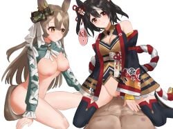 ... 2girls animal_ears black_hair blush breasts brown_hair cleavage corrugatedrush cowgirl_position detached_sleeves highres horse_ears horse_girl horse_tail kitasan_black_(umamusume) large_breasts multiple_girls satono_diamond_(umamusume) sex straddling tail thighhighs umamusume white_background yellow_eyes