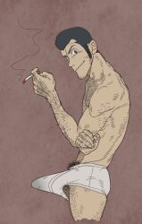 1boy arm_hair arms_crossed arsene_lupin_iii body_hair boner bulge cigarette erection erection_under_clothes erection_under_underwear leg_hair looking_at_viewer looking_to_the_side lupin_iii male male_focus male_only manga_action pubic_hair solo source_request tms_entertainment tuhmayto underwear white_underwear year_request