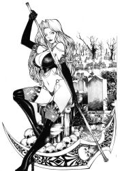 1girls big_breasts black_lips chaos_comics coffin_comics death_(personification) ed_benes_studio emotionless goddess graveyard grim_reaper kaloy_costa_(artist) lady_death latex_bra latex_gloves queen_of_the_dead scythe skulls tagme voluptuous white_hair