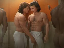 3d 3d_(artwork) actor appasart ass big_nose billy_hargrove celebrity crotch_rub dacre_montgomery gay harringrove in_character joe_keery locker_room male male/male male_only muscles muscular muscular_male penis_grab shower steve_harrington stranger_things towel yaoi