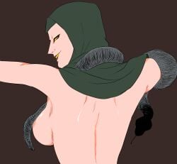 areolae benietsu big_breasts cowl eyeliner female female_only habit headscarf headwear looking_at_viewer looking_back mature_female no_eyebrows rear_view shoujo_tsubaki sideboob smile snake solo topless topless_female upper_body