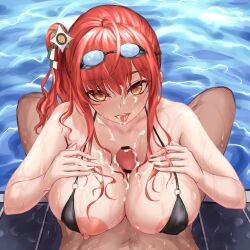 1boy areola_slip azur_lane bangs bar_censor bikini bikini_aside black_bikini blush breasts brown_eyes censored chinese_commentary cleavage clothing_aside commentary_request cum cum_in_mouth cum_on_body cum_on_breasts cum_on_hair eyebrows_visible_through_hair facial female goggles goggles_on_head hair_between_eyes highres italian_flag large_breasts long_hair looking_at_viewer nipple_slip nipples official_alternate_costume open_mouth paizuri penis poolside pov red_hair side_ponytail smile solo_focus straight swimsuit upper_body water wet yeklsa zara_(azur_lane) zara_(poolside_coincidence)_(azur_lane)