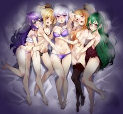 5girls anastasia_hoshin bare_belly bare_legs bare_shoulders bare_stomach bare_thighs bed belly belly_button big_breasts black_bra black_legwear black_panties black_thighhighs blonde_hair blue_eyes blush blushing_profusely breasts breath breathing covered_breasts covering_another's_pussy covering_pussy crusch_karsten different_breast_sizes elf elf_ears elf_female elf_girl emilia_(re:zero) fellatio_gesture felt_(re:zero) female female_only females_only fingering fingering_partner girl_sandwich grabbing grabbing_another's_arm grabbing_breast green_eyes green_hair hair_covering_breasts hair_flower hair_ornament half-elf half_elf hand_between_legs hand_on_pussy harem huge_breasts inviting inviting_to_sex large_breasts long_hair m.tokotsu multiple_girls nightgown no_bra no_panties nopan on_bed open_mouth orange_eyes panties pink_panties pointy_ears ponytail priscilla_barielle purple_bra purple_eyes purple_hair purple_panties re:zero_kara_hajimeru_isekai_seikatsu reaching_out red_eyes royalty sandwiched side-tie_panties side_tie_panties silver_hair small_breasts smile smiling smiling_at_viewer star_hair_ornament steamy_breath take_your_pick thighhighs tongue tongue_out touching_pussy underwear underwear_only untied_panties white_bra white_flower white_hair white_panties yuri