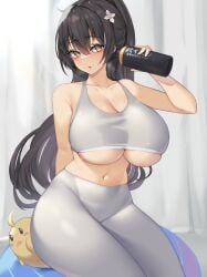 1girls 2022 absurd_res azur_lane belly_button black_hair blush breasts female female_only hazel_eyes hips holding_object huge_breasts indomitable_(azur_lane) kuavera large_breasts long_hair long_ponytail looking_at_viewer manjuu_(azur_lane) ponytail simple_background slim_waist sports_bra sportswear thick_thighs thighs tight_clothing tight_fit water_bottle wide_hips yoga_pants