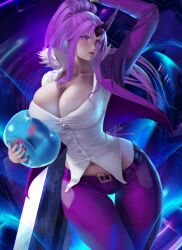 1boy 1boy1girl 1girls belly_button big_breasts big_breasts big_sword blush blush cleavage clothed clothed_female clothing female grab grabbing hlulani holding horn huge_breasts human humanoid light-skinned_female light_skin long_hair oni oni_horns ponytail purple_eyes purple_hair rimuru_tempest shion_(tensei_shitara_slime_datta_ken) slime slime_monster squeezing suit sword tensei_shitara_slime_datta_ken that_time_i_got_reincarnated_as_a_slime thick_thighs thighs voluptuous watermark