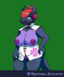 anthro big_breasts breasts cherryblossomgames claws clothing dragon exposed_breasts female genitals hair nipples pussy red_hair smile smiling_at_viewer solo spicydurassno