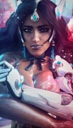 1girls 3d abs big_breasts blizzard_entertainment breasts cleavage dark-skinned_female female female_only indian indian_female looking_at_viewer metal_arm overwatch ravelent robotic_arm solo symmetra