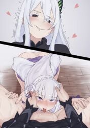 2girls bare_legs bare_shoulders bare_thighs black_clothing black_dress blush blushing_profusely butterfly_hair_ornament clenched_teeth cunnilingus dark_eyes double_pov double_view echidna_(re:zero) elf elf_ears elf_female elf_girl emilia_(re:zero) female female_only female_pov fluids grabbing grabbing_another's_head grabbing_head hair_flower hair_ornament half-elf half_dressed half_elf heart hearts_around_head interspecies licking licking_pussy long_hair looking_down looking_up multiple_girls multiple_views open_eyes oral_sex pleasure_face pointy_ears pov purple_eyes pussy pussy_lick pussy_licking r-man re:zero_kara_hajimeru_isekai_seikatsu silver_hair skirt_lift skirt_up smile smiling sweatdrop sweating thick_legs thick_thighs tongue tongue_out trembling upskirt vaginal_penetration very_long_hair white_clothing white_dress white_flower white_hair witch yuri