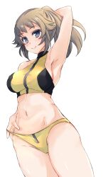 1girls abenattou armpit belly_button blue_eyes closed_mouth closed_smile female gundam gundam_build_fighters gundam_build_fighters_try hoshino_fumina light-skinned_female light_skin ponytail smile solo tied_hair