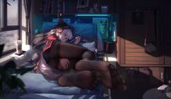 1girls arknights ass bed bedroom black_legwear black_pantyhose chilling feet feet_first feet_focus feet_together foot_on_foot fox_ears fox_girl fox_tail frostleaf_(arknights) fully_clothed hand_between_legs headphones laying_down laying_on_bed listening_to_music panties pantyhose pantyhose_under_skirt phone relaxing room sfw soles solo_female toes toes_visible_through_clothing white_hair white_tail