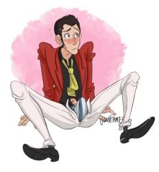 arsene_lupin_iii blush brown_hair bulge bulge_through_clothing business_suit chromosomefarm erection erection_under_clothes formal_attire formal_clothes formal_wear fully_clothed legs_apart lupin_iii male male_focus male_only manga_action nervous source_request spread_legs sweatdrop tms_entertainment unbuttoned_pants underwear_bulge year_request