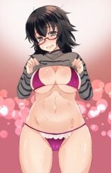 1girls abenattou bikini female female_only girls_und_panzer glasses light_skin open_mouth open_mouth open_smile oryou_(girls_und_panzer) solo solo_female sweat