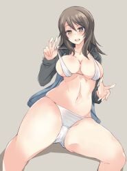 1girls abenattou breasts brown_hair eyebrows_visible_through_hair female female_solo girls_und_panzer light-skinned_female light_skin long_sleeves mika_(girls_und_panzer) mouth_open open_mouth panties simple_background solo solo_female thighs underwear