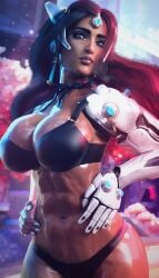 1girls 3d abs big_breasts blizzard_entertainment bra breasts cleavage dark-skinned_female female female_only indian indian_female looking_at_viewer metal_arm overwatch ravelent robotic_arm solo symmetra thong wide_hips