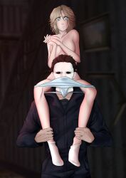 blonde_hair blue_eyes breasts brother_and_sister carrying cleavage covered_nipples cute duo duo_focus halloween halloween_(series) laurie_strode male/female mask michael_myers no_sex nude nude_female on_shoulders outdoors panties stabbymun