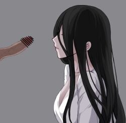 1boy bangs bar_censor black_hair breasts censored chinese_commentary cleavage commentary_request female grey_background hair_over_eyes highres large_breasts long_hair partial_commentary penis profile shirt simple_background solo_focus straight the_ring upper_body veins veiny_penis white_shirt yamamura_sadako yeklsa