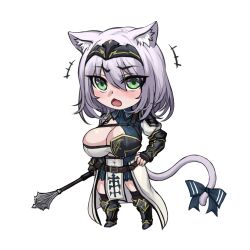 animal_ear_fluff animal_ears armor armored_dress bangs belt belt_pouch black_gloves black_legwear blue_dress blush bow breasts brown_belt cat_ears cat_girl cat_tail chest_guard chest_harness chest_strap chibi chinese_commentary cleavage cleavage_cutout clothing_cutout collared_dress commentary_request covered_navel dress eyebrows_visible_through_hair female fingerless_gloves full_body gloves greaves green_eyes grey_hair hair_between_eyes harness holding holding_weapon hololive hololive_fantasy hololive_japan kemonomimi_mode large_breasts leather_belt looking_at_viewer mace medium_hair open_mouth pauldrons pelvic_curtain pouch puffy_sleeves shirogane_noel short_dress shoulder_armor simple_background single_pauldron solo tail tail_bow tail_ornament thighhighs vambraces virtual_youtuber waist_cape weapon white_background yeklsa