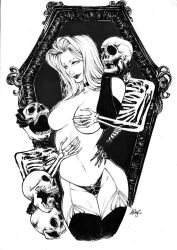 1girls bat_panties big_boobs black_lipstick breasts chaos_comics coffin coffin_comics death_(personification) dominant_female ed_benes_studio goddess grim_reaper kaloy_costa_(artist) lady_death large_breasts latex_boots latex_gloves latex_panties looking_at_viewer monochrome queen_of_the_dead seductive seductive_look seductive_smile skeletons solo_female tagme white_hair