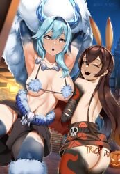 2girls amber_(genshin_impact) ass big_breasts blue_hair body_writing bodypaint breasts brown_hair bunny_ears costume eula_(genshin_impact) eye_contact female female_only genshin_impact halloween horns long_hair looking_at_viewer multiple_girls one_eye_closed painted_clothes short_hair thick_thighs thighs xkit69