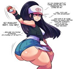 1girls 2022 back back_view beauty_mark booty_shorts bubble_butt butt butt_focus butt_shot cosplay dialogue english_text female female_only grin hat hi_res hilda_(pokemon)_(cosplay) holding_object huge_butt jean_shorts koffin long_hair long_ponytail massive_butt mole_under_eye nintendo original original_character pawg pinkkoffin pokeball pokemon pokemon_bw pokemon_trainer ponytail purple_eyes purple_hair round_butt short_shorts shorts simple_background smug standing text thick_thighs thighs white_hat