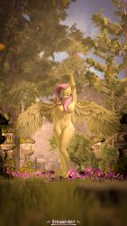 3d_(artwork) 4k 9:16 absurd_res anthro anthrofied barefoot closed_eyes digital_media_(artwork) equid equine eyewear feathers feet female flower fluttershy_(mlp) friendship_is_magic genitals glasses hair hasbro hi_res mammal my_little_pony nipples nude pegasus pink_hair plant pussy smooth_skin solo steamyart wings yellow_body yellow_feathers