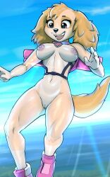 4_fingers anthro breasts canid canine canis cockapoo diacordst diacordst_(artist) domestic_dog female fingers flying fur genitals hi_res jet_pack mammal mixed_breed nude open_mouth paw_patrol pink_eyes pussy sky skye_(paw_patrol) solo tan_body tan_fur