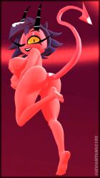 3d 3d_(artwork) ass black_hair breast_grab breasts demon demon_tail digital_media_(artwork) female genitals hair hand_on_breast helluva_boss hi_res horns humanoid imp leviantan581re looking_at_viewer millie_(helluva_boss) nipples one_eye_closed open_mouth open_smile pussy red_body shortstack simple_background smile solo teeth thick_thighs wide_hips