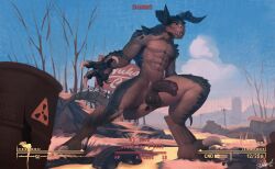 1boy 2022 5_fingers abs anthro anus balls bethesda_softworks black_penis button_prompt claws deathclaw digital_media_(artwork) erection fallout fingers foreskin genitals glans hi_res hud humanoid_genitalia humanoid_penis looking_at_viewer male male_focus male_only muscular muscular_male outside pecs penis plant radiation_symbol radioactive scalie signature solo solo_male standing swadpewel symbol teeth tire tree vein veiny_penis video_games