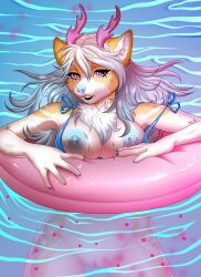 2022 5_fingers anthro antlers areola breasts canid canine digital_media_(artwork) female fingers genitals hi_res horn hybrid looking_at_viewer mammal manika_nika nipple_piercing nipples nude original_character partially_submerged piercing purple_eyes pussy