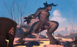 2022 5_fingers abs anus balls bethesda_softworks black_balls black_penis claws deathclaw digital_media_(artwork) erection fallout fingers foreskin genitals glans hi_res horn humanoid_genitalia humanoid_penis looking_at_viewer male male_focus male_only muscular muscular_male outside pecs penis plant radioactive scalie signature solo solo_male standing swadpewel teeth tire tree vein veiny_penis video_games