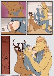 anthro antlers ass balls beastars canid canid_kaiba canine canis cervid clothing comic english_text felid free_(beastars) fur genitals group group_sex hi_res horn humanoid_genitalia humanoid_penis jockstrap kissing legoshi_(beastars) lion louis_(beastars) male male/male mammal nude pantherine penis sex text threesome trio underwear url wolf