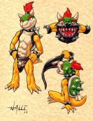 2020 bowser_jr. bulge fangs frown hair hi_res horn koopa male male_only mario_(series) muscular nalli nintendo red_hair scalie shell solo spike_(disambiguation) video_games young