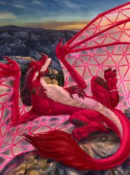 absurd_res anus bedroom_eyes bioluminescence claws detailed_background digital_media_(artwork) dragon entropy_(billeur) erection feral fur genitals glowing hi_res horn looking_at_viewer male membrane_(anatomy) membranous_wings mountain narrowed_eyes outside penis pink_penis red_body red_fur red_scales scales scalie seductive smile solo sovaom spreading tan_body tan_scales western_dragon wings