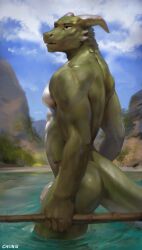 2022 anthro ass chunie detailed_background digital_media_(artwork) dragon foreskin genitals green_body hi_res humanoid_genitalia humanoid_penis male muscular muscular_anthro muscular_male nude outside penis sky solo water