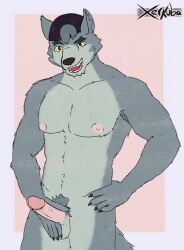 1boy abs anthro armpit_hair backwards_baseball_cap backwards_hat balls baseball_cap big_nipples black_nose body_hair canid canine canis cartoon_network clothing countershading eyebrows fangs fur genitals grey_balls grey_body grey_fur hair_through_hat hand_on_balls hand_on_hip hat headgear headwear humanoid_genitalia humanoid_penis looking_at_viewer male male_only mammal muscular muscular_anthro muscular_male navel nipples open_mouth pecs penis pink_background pink_nipples pink_penis pink_tongue pubes raised_eyebrow simple_background solo standing tongue we_baby_bears we_bare_bears wolf wolf_(we_baby_bears) xerkuba yellow_eyes