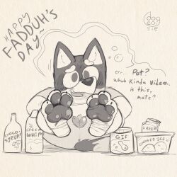 1:1 3_toes anthro anus balls bandit_(bluey) bandit_heeler bluey_(series) blush bubble canid canine canis claws dialogue dogeoisie domestic_dog drunk drunk_bubble english_text feet food foot_fetish foot_focus genitals greyscale hi_res holding_legs male male/male male_only mammal monochrome offscreen_character offscreen_male pawpads penis soles solo substance_intoxication text toe_claws toes wrinkled_feet