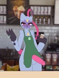 absurd_res anthro apron apron_lift apron_only blush clothed clothing clothing_lift coffee_cup container court cup erection erection_under_clothing girly hi_res iced_latte_with_breast_milk looking_at_viewer male max_draws meme mostly_nude nintendo pokémon_(species) pokemon smile smiling_at_viewer sneasler solo standing starbucks text video_games