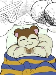 2022 3:4 anthro ass blush bodily_fluids body_hair butt_hair closed_eyes clothed clothing cricetid drooling erect_while_sleeping erection erection_under_clothing hamster hamtaro_(series) jockstrap lying male mammal moobs musclegut musk nipples pillow pompunks rodent saliva sleeping snoozer_(hamtaro) solo sweat underwear wet_dream