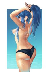 arched_back arms_up ass back back_view bikini_bottom blue_hair breasts eiyuu_densetsu glistening hair_tie hair_up large_ass laura_s._arseid long_hair medium_breasts mon_eree nipples no_bra partially_clothed ponytail sen_no_kiseki shiny_skin sideboob simple_background tanline trails_of_cold_steel wet_skin white_background