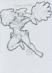 2022 anthro barefoot blush bodily_fluids bottomwear breasts cheering cheerleader cheerleader_outfit clothed clothing feet female floppy_ears genital_fluids genitals graphite_(artwork) jiggling legendary_pokemon looking_at_viewer lunaris_parukia navel nintendo nipples no_underwear open_mouth open_smile partially_clothed pokémon_(species) pokemon pokemon_(species) pokemorph pom_poms pussy pussy_juice shaymee_(lunaris_parukia) shaymin shirt skirt sky_forme_shaymin smile smiling_at_viewer solo topwear traditional_media_(artwork) video_games