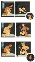 2girls 3boys anal asian_female blush breasts brody_(tdi) emma_(tdi) fellatio geoff_(tdi) jail_cell kitty_(tdi) nipples noah_(tdi) pennsatucky prison pussy stuck_in_wall the_ridonculous_race through_wall total_drama_island