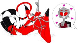 anthro ass avian beak bird blitzo_(helluva_boss) blush breasts claws clothed clothing colored demon duo edit fangs feathers female fur grey_body grey_feathers heart helluva_boss hi_res horn humanoid imp interspecies male male/female mature_male multi_eye open_mouth owl partially_clothed red_body red_eyes restrained simple_background skeleslay smile stolas_(helluva_boss) thick_thighs wide_hips yellow_eyes